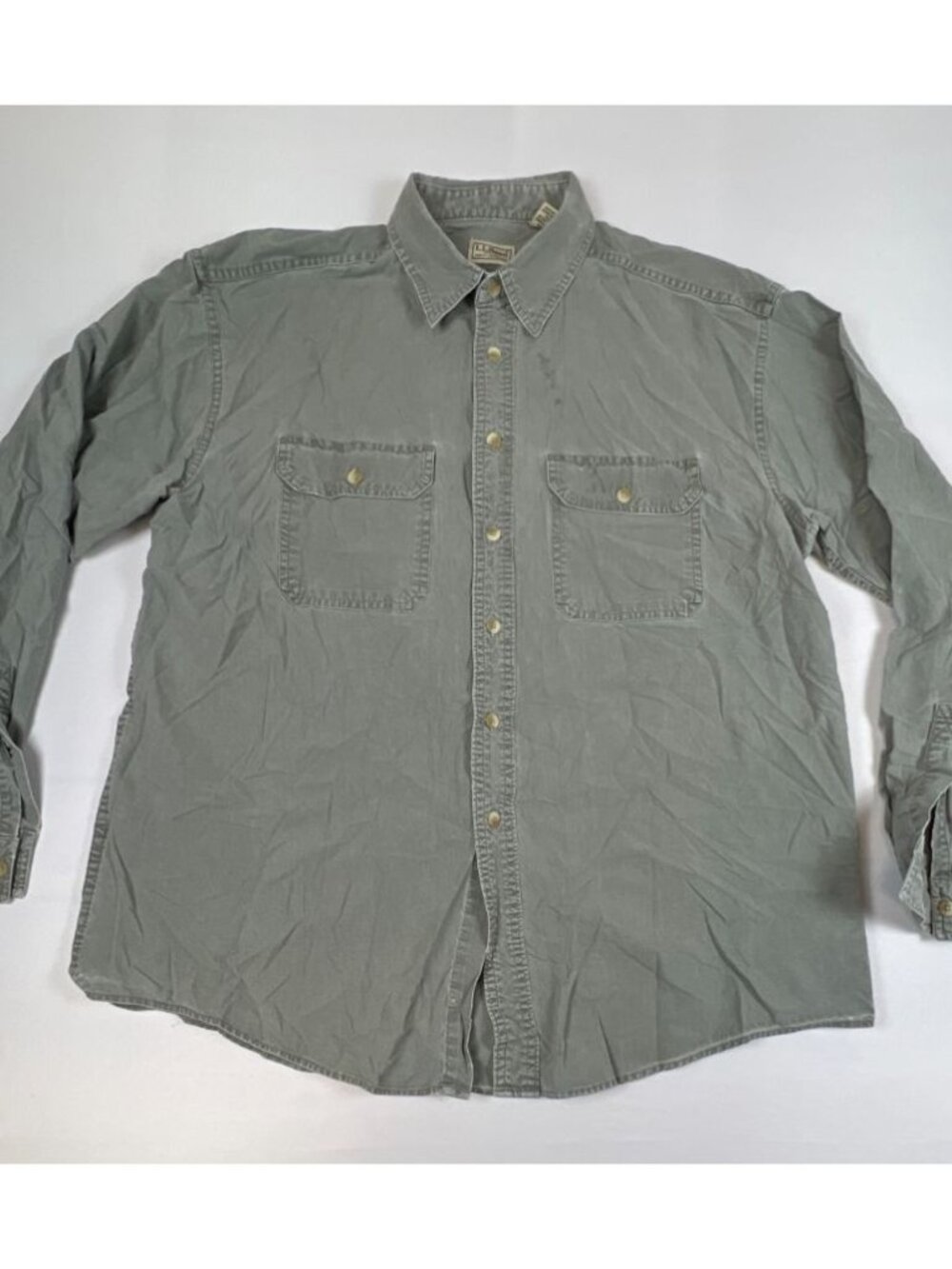 Vintage L.L. Bean Men Large Reg Olive Green Cotton Canvas Button Down Work Shirt